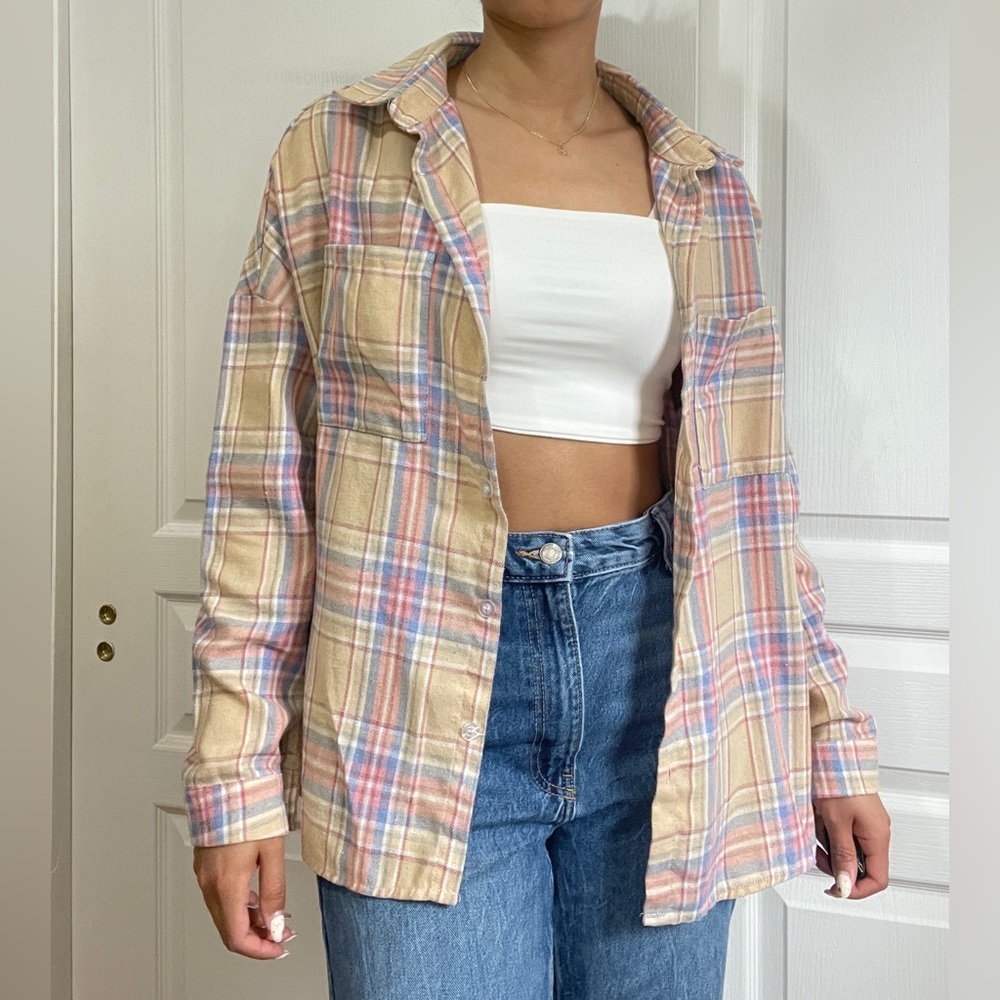 Petite oversized pocket detail check shirt